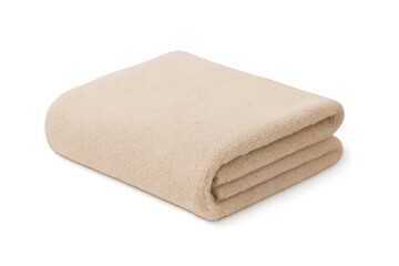 Folding soft beige blanket resting on transparent surface, highlighting cozy textile texture