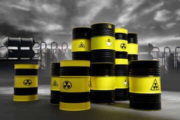 Barrels with radioactive substance. Containers with hazardous waste near factory. Barrels with radioactive fuel. Nuclear power waste. Barrels with fuel for nuclear reactors under gray sky. 3d image