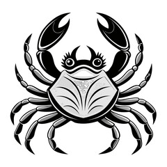 Stylized black and white crab illustration with claws raised isolated on white background silhouette