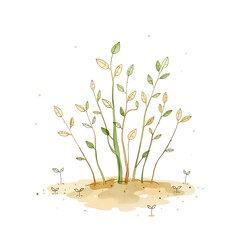 Young Plants Growing In The Soil Watercolor Illustration
