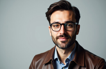 Obraz premium A confident man with dark hair and glasses wearing a leather jacket and blue shirt against a neutral background