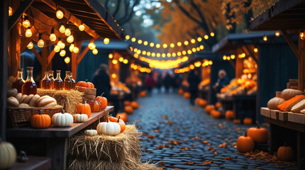 Cozy autumn farmers market scene with pumpkins, fresh bread, and glass bottles on rustic wooden tables under warm string lights, captured on a cobblestone street during golden fall evening