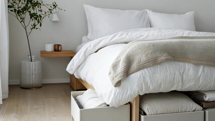 Cozy bedroom transformation: minimalist design with modern storage solutions and soft textures - Powered by Adobe