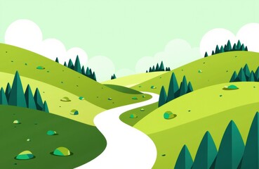 Obraz premium A peaceful cartoon landscape featuring rolling green hills and a winding white path