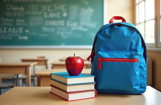 Blue backpack sits on desk beside stack of books topped with a red apple in classroom. Chalkboard with writing and windows in background. Represents back to school, learning, and education.
