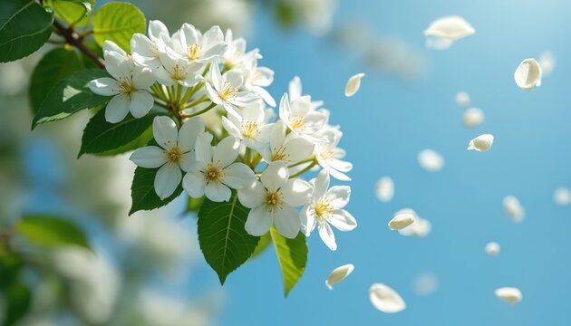 Delicate white jasmine blooms cascade on branch against bright blue sky. Petals gently float in breeze, creating serene, fresh springtime atmosphere. Nature beauty, elegance captured in soft macro