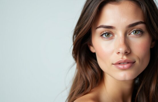 Woman with clear skin and natural makeup looking at camera in close-up shot