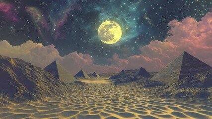 Surreal desert landscape with pyramids under a full moon and starry night sky. - Powered by Adobe