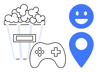 Popcorn bucket, game controller, blue location pin with happy face. Ideal for entertainment, leisure, gaming, fun, streaming local events joy. Perfect for a simple landing page