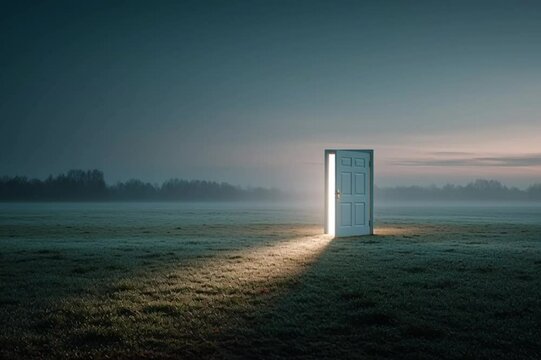 door to the fields  door standing alone in the middle of a vast field, foog door to heaven