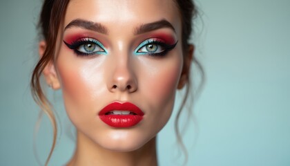 Fototapeta premium Glamorous model features bold, creative makeup with vibrant red lipstick, striking blue, red eye shadow. High-fashion portrait artistic beauty, perfect for editorial content, cosmetic ads, style