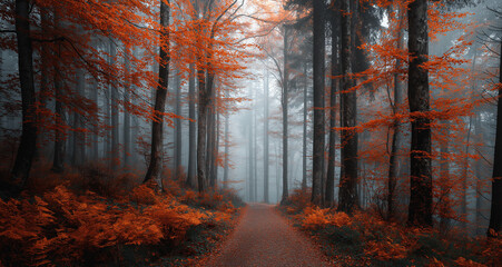 Obraz premium A mystical forest with fog, autumn leaves, and trees in shades of teal blue ,orange and red, forest, tree, fog, autumn, nature, trees,
