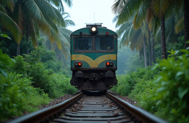 Naklejka premium Green and yellow passenger train approaches on tracks through rich jungle vegetation in Sri Lanka. Palm trees line the railway path creating a tropical atmosphere for travel and adventure.