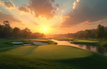 Golf course at sunrise. Rich green fairway and putting green with sand bunkers and a calm river. Golden hour light illuminates the serene landscape. Trees line the course.