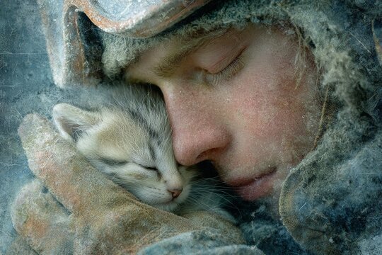 Rescue tenderness: volunteer cradles kitten with care. Compassion act. Emotional plea for cat neutering after tragic discovery in thanet. Kitten safety. Pet care.