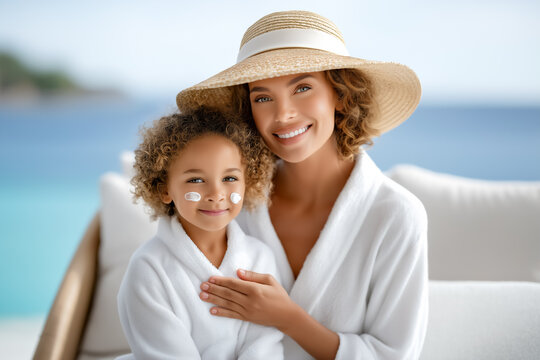 Mother and daughter pose together with smiles while wearing white bathrobes and sunscreen on their faces. Relaxing setting with ocean view promotes wellness and family time