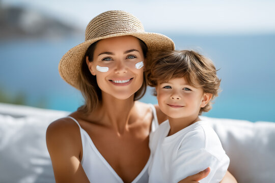 Mother applies sunscreen to her face while holding her smiling son. They sit outdoors by the beach with clear blue water in background. Concept of family bonding, sun safety, outdoor activities