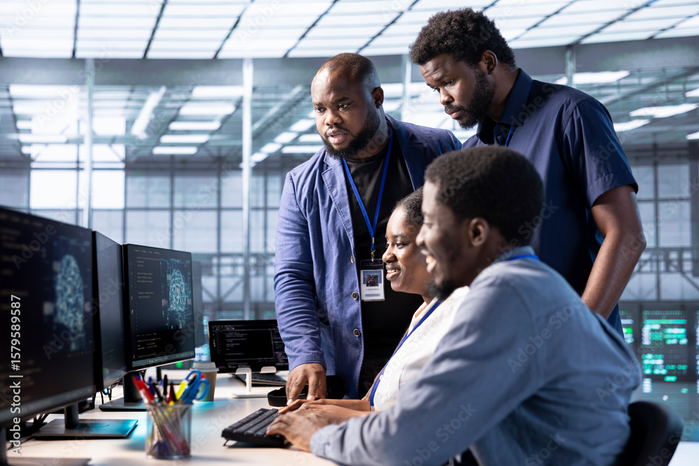 Poster cheerful team of server farm admins pleased after successfully finishing ai research, creating and i