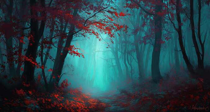 A mystical forest with fog, autumn leaves, and trees in shades of teal blue ,orange and red, forest, tree, fog, autumn, nature, trees,