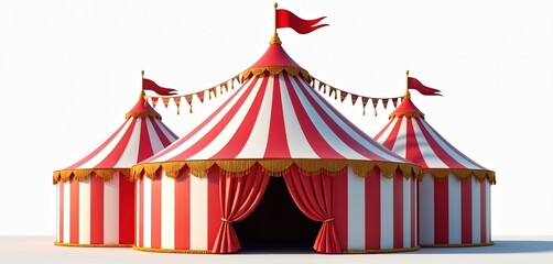 A classic red and white striped circus tent with gold trim and a red flag on top. This festive tent structure features open curtains revealing a dark interior, ready for showtime entertainment.