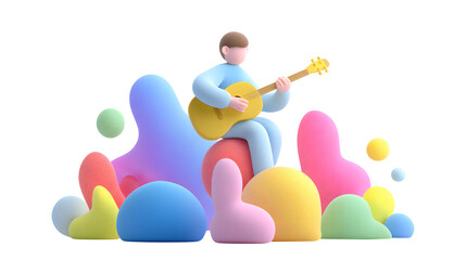 3D Cartoon Character Playing Guitar Among Colorful Abstract Shapes