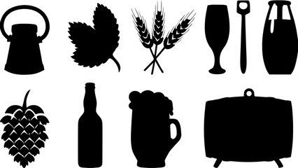 A monochrome icon pack focused on beer ingredients and serving, including detailed outlines of a hops bundle, barley ear, bubbling beer glass, bottle opener, pouring pitcher, and pub signage, all desi