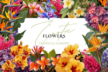 Vintage vector illustration with colorful tropical flowers on a changeable background. Floral design template for wedding invitation, greeting card, notebook cover, flyer or banner.