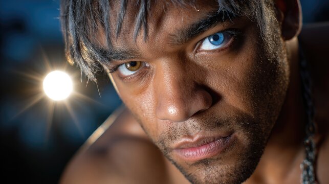 This depicts a striking individual showing heterochromia, where one eye is blue and the other is brown. He stares intensely forward