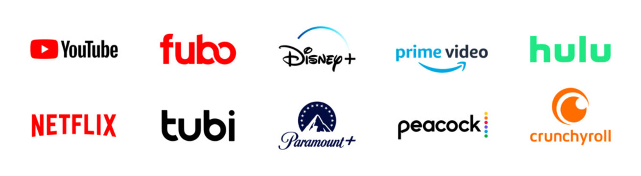 Popular treaming services company logo set. Netflix, paramount, disney, youtube, prime video. Rivne, Ukraine - July 13, 2025