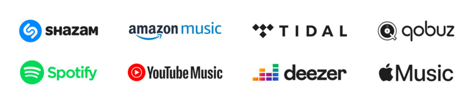 Popular music streaming servise company logo set. Amazon music, tidal, apple music, deezer, youtube music, spotify, itunes, shazam. Rivne, Ukraine - July 13, 2025