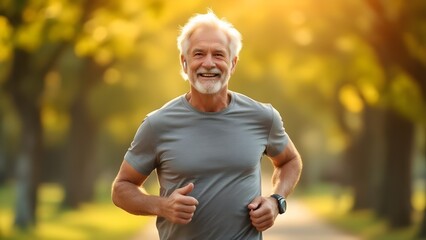 Happy healthy senior man jogging in the park. Active older male running outdoors, enjoying retirement lifestyle and exercise.
