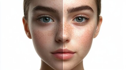 Adding brightness to photos in a graphic editor. Photo filter. Woman face with half tan skin. Portrait of beauty young female looking at camera and smiling on white background