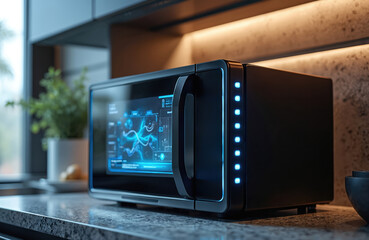 Sleek multifunctional microwave oven with advanced digital display, intuitive controls. Modern kitchen appliance, compact design with stainless steel finish. Perfect for cooking, baking, grilling,