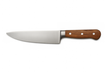 Professional stainless steel chef knife with wooden handle lying horizontally, isolated on transparent background