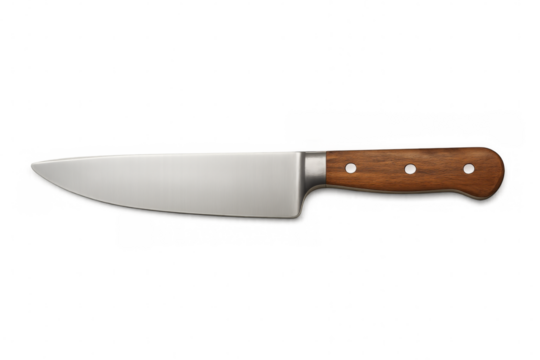 Professional stainless steel chef knife with wooden handle lying horizontally, isolated on transparent background - Powered by Adobe