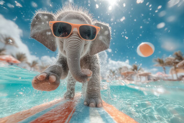Playful young elephant surfing at a tropical pool during a sunny day