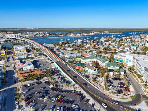 Matanzas Pass Bridge leading into downtown Fort Myers Beach on Estero Island, southwest Florida in Lee County