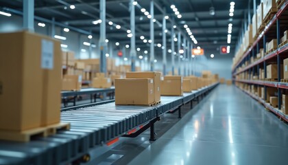 Modern warehouse features automated conveyor belts moving cardboard boxes, illustrating streamlined reverse logistics, efficient supply chain management. Focus on organization, sustainability,
