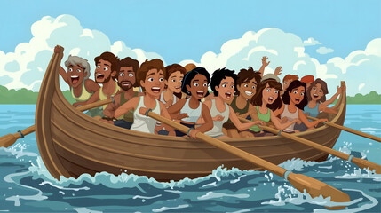A vibrant animated illustration showing a lively team of young rowers paddling together in a traditional wooden boat on the lake, full of energy, unity, and enthusiasm during a rowing competition.