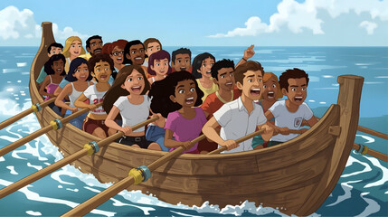 A vibrant animated illustration showing a lively team of young rowers paddling together in a traditional wooden boat on the lake, full of energy, unity, and enthusiasm during a rowing competition.