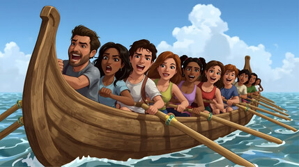 A vibrant animated illustration showing a lively team of young rowers paddling together in a traditional wooden boat on the lake, full of energy, unity, and enthusiasm during a rowing competition.