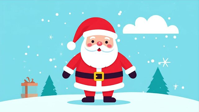 Cartoon illustration of Santa Claus with snow falling, snowy landscape