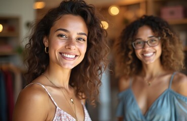 Fototapeta premium Two young women share smiles shopping at bright boutique, enjoying sunny urban afternoon. Friendship, joy evident in candid moment of fashion, lifestyle, youthful happiness, togetherness.