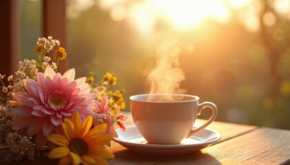Warm cup of coffee on wooden table next to vibrant bouquet of flowers. Steaming beverage enjoys morning sunlight, evoking peaceful Sunday feeling. Natural floral arrangement complements tranquil