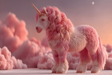 Fluffy Pink Unicorn in Surreal Pastel Cloudscape
