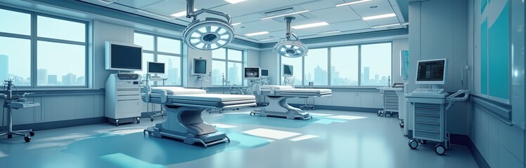 Modern futuristic operating room. Bright sterile environment with advanced medical equipment, beds, technology. Hospital interior symbolizes progress in medicine, science, healthcare innovation.