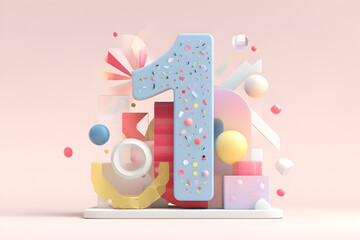 Playful 3D Number One with Confetti and Abstract Elements