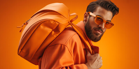 Stylish man in orange outfit with matching backpack and sunglasses, posing confidently on orange background.