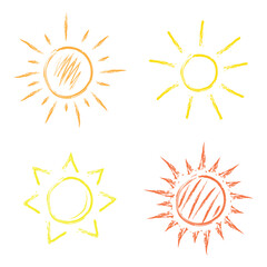 Hand drawn doodle sun set isolated on white background. Vector nature elements eps. Yellow and orange sun set.