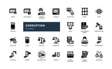 Glyph style icons for corruption bribery crime and fraud symbols